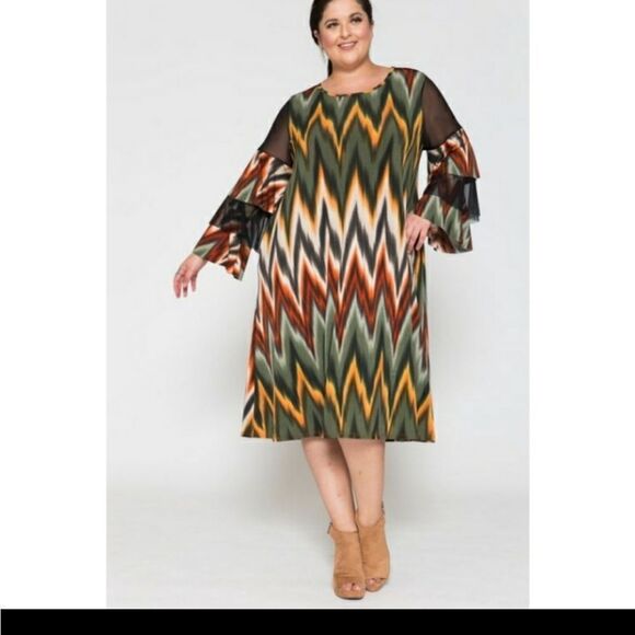 Chevron Print Round Neck Ruffle Sleeve Plus Size Dress Sz 1x2x3x - Picture 6 of 12